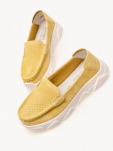 ER052-020 Мокасины женские, нат.кожа/текстиль, жёлтый